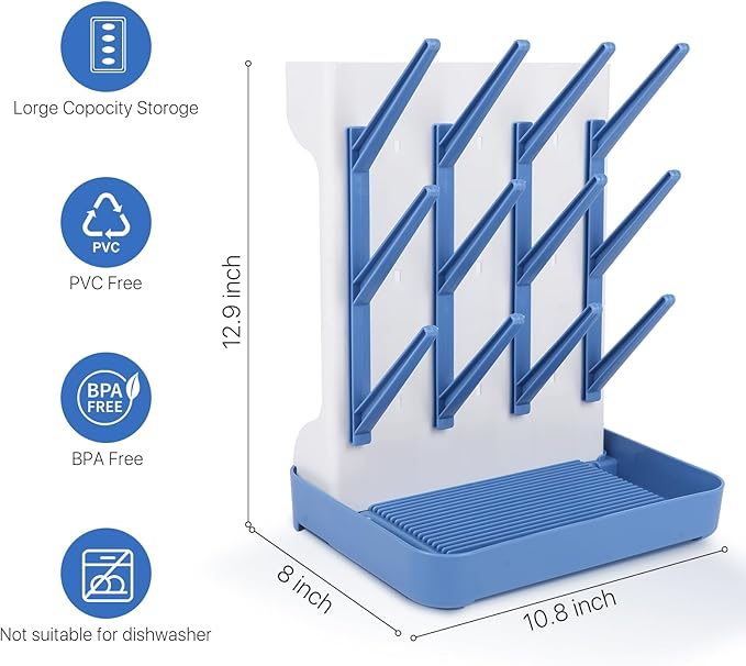 Baby Bottle Drying Rack with Drain Board, Vertical Space Saving Bottle Dryer Holder for Countertop, Large Capacity Organizer Stand for Glass Bottles, Pump Parts, Pacifiers, Cups & Accessories (Blue)