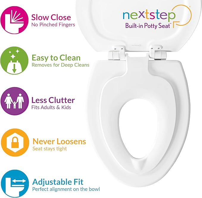 Mayfair NextStep Toilet Seat with Built-In Potty Training Seat, Slow-Close, Removable that will Never Loosen, ELONGATED, White (Pack of 2)