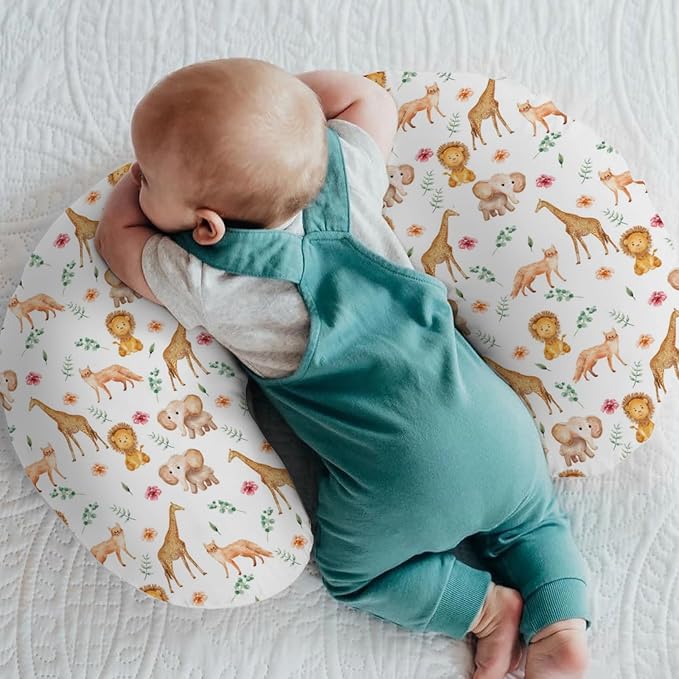 Watercolor Safari Animals Baby Nursing Pillow Covers for Boy Girl Lion Giraffe Elephant Floral Leaves Nursery Pillowcase for Breastfeeding Pillows African Jungle Soft Stretchy Slipcover for Infant