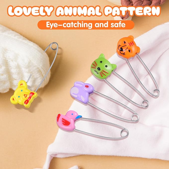 Toddmomy 20pcs Animal Safety Pins Stainless Steel Diaper Pins with Plastic Head Newborn Locking Safety with Lock Buckle for Shower Party Favor (Random Color)