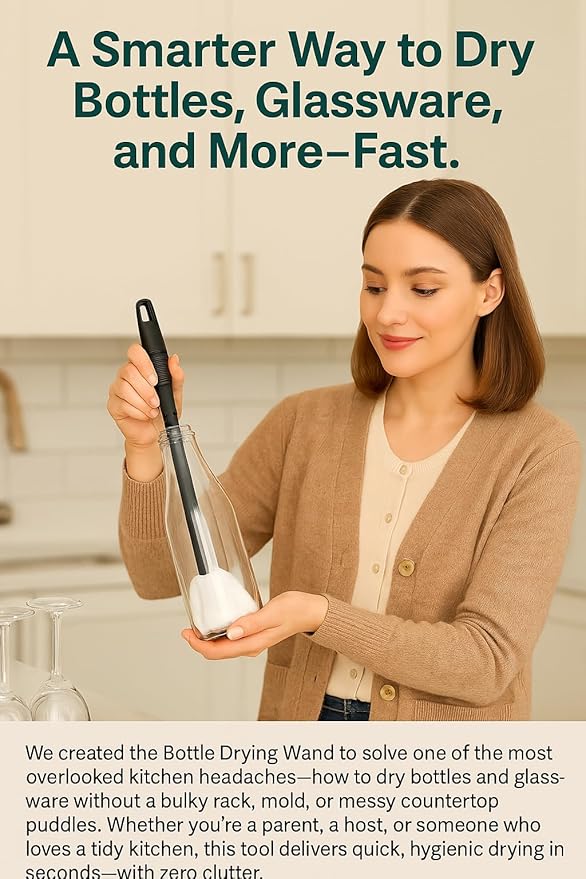 Bottle Drying Wand Tool – Fast Dryer for Baby Bottles, Pump Parts, Wine Glasses & Decanters – Space-Saving, Hygienic Rack Alternative for Travel & Home – Replace Bulky Disgusting Racks