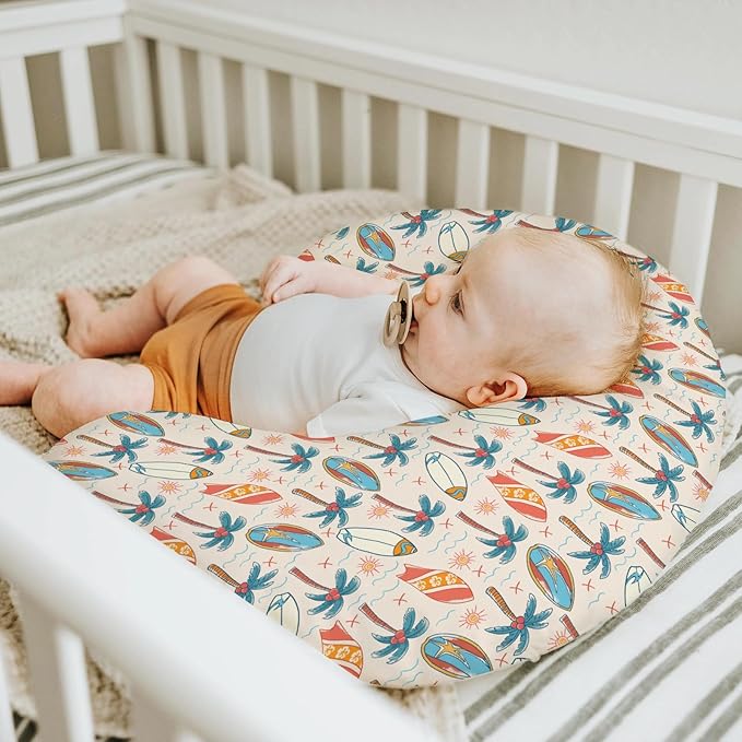 Retro Boho Surfing Baby Nursing Pillow Covers for Boy Girl Summer Surfboards Coconut Palm Trees Sun Nursery Pillowcase for Breastfeeding Pillows Beach Life Soft Stretchy Slipcovers for Newborn Infant