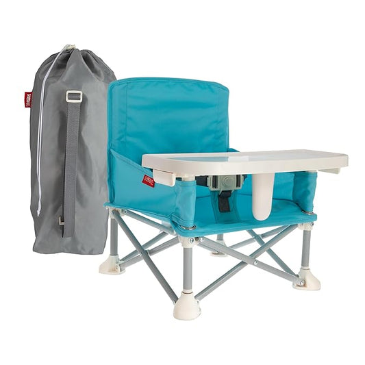 Nuby Pop-Up Booster Seat with Removable Tray - 6+ Months - Portable Booster Seat for Floor for Indoor/Outdoor Use - 3-Point Safety Adjustable Straps - Summer Travel Essentials - Aqua