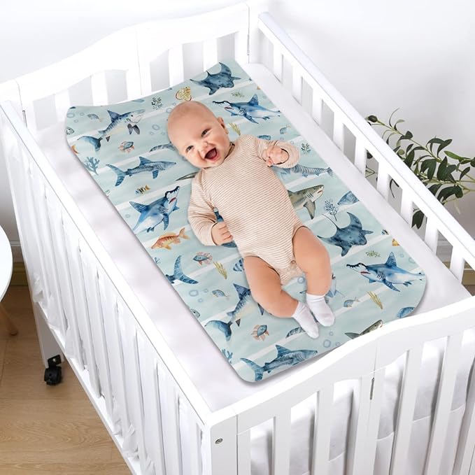Blue Sharks Baby Changing Pad Covers Sea Animals Sharks Stripes Diaper Changing Table Sheets for Boy Girl Ocean Fishes Corals Nautical Life Soft Stretchy Fitted Nursery Change Table Mats 32''x16''