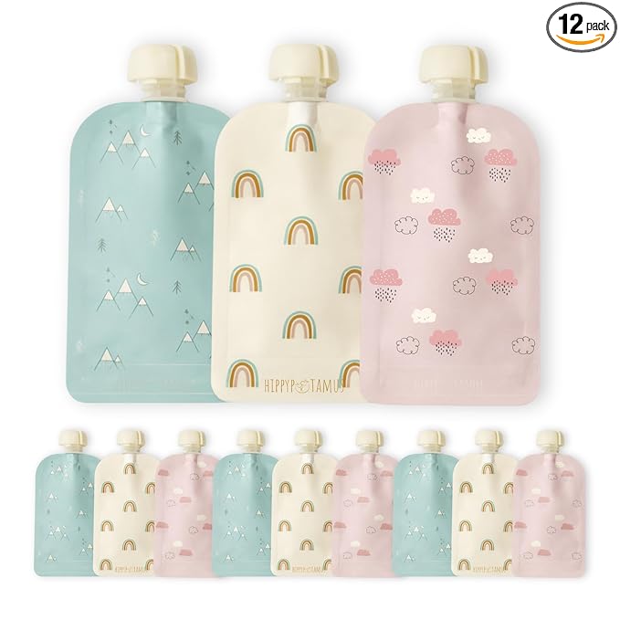 Hippypotamus Reusable Baby Food Pouches for Toddlers - BPA Free Food Grade - Dishwasher & Freezer Safe - Baby Food Containers - Refillable Squeeze Pouch For Applesauce & Yogurt - 12 Pack (Rainbows)