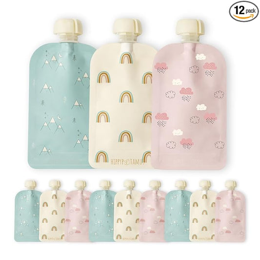 Hippypotamus Reusable Baby Food Pouches for Toddlers - BPA Free Food Grade - Dishwasher & Freezer Safe - Baby Food Containers - Refillable Squeeze Pouch For Applesauce & Yogurt - 12 Pack (Rainbows)