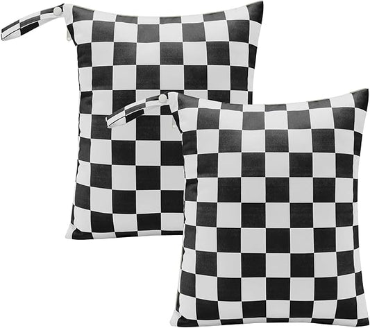 Ohocut Black Checkered Waterproof Wet Dy Diaper Bag for Baby Essentials, Travel, Swimsuit, Beach Bag Accessories, Aesthetic Trendy Cute Toddler Baby Cloth Bag Pouch, Pack of 2