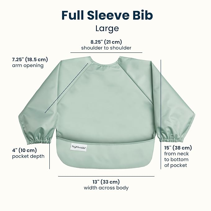 Tiny Twinkle Long Sleeve Bib for Babies & Toddlers | Waterproof Smock Bib for Eating | Machine Washable & Mess-Proof Feeding Essentials | Newborn Shower Gift (Sage Green, 2-4Y)