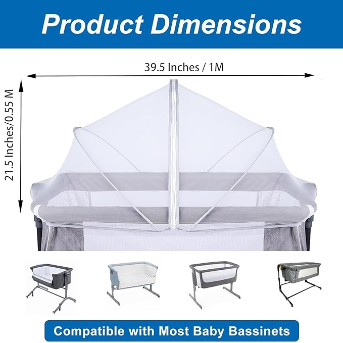 Portable Bassinet Cover for Cats & 2-Way Zipper, Bassinet Mosquito Net Cover, Breathable Bassinet Net Cover, Mosquito Net for Baby Crib to Keep Cats/Bugs Out (White)