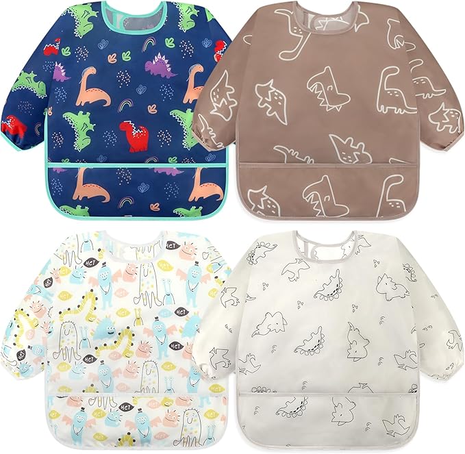 Accmor 4 Pack Long Sleeve Bibs, Baby Smock Waterproof Sleeved Bib Smock for Baby Toddler 6-36 Months