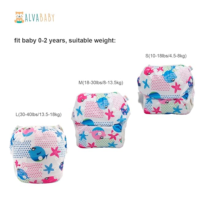 ALVABABY Swim Diapers 2pcs Baby & Toddler Snap One Size Reusable Adjustable Swim Diapers for Swim Classes Small