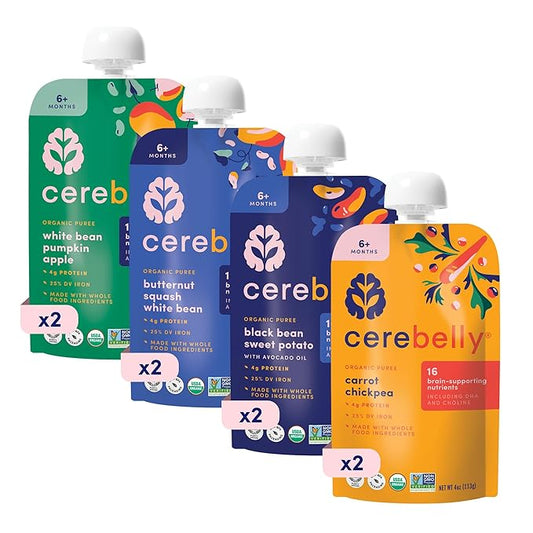 Cerebelly Organic Baby Food Pouches Variety Pack, Veggie & Bean Purees, 16 Nutrients, No Added Sugar, Fiber & Non-GMO, 4oz, 8 Pack