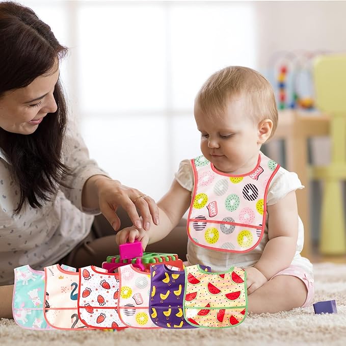 6Pcs Baby Feeding Bibs with Crumb Catcher Pocket Adjustable Waterproof Sleeveless Teething Bib Set Toddler Infant Keepsake Gift for Baby Shower, 6-24 Months
