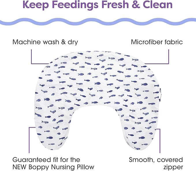 Boppy Nursing Pillow Cover, Neutral Navy Fish, Single Cover, Easy-On Slipcover with Extra Soft 100% Polyester Microfiber Fabric for the Redesigned Nursing Pillow