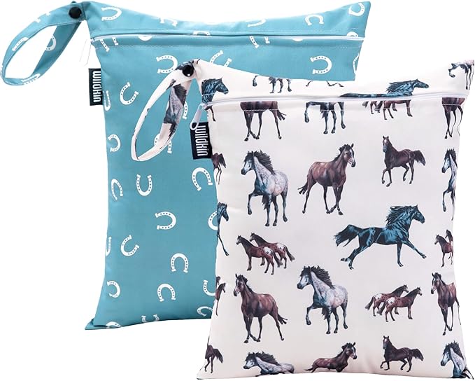 Wildkin Wet Bag Set for Boys, & Girls – Durable Zipper with Snap Loop Handle, Reusable Water-Resistant Bags for Beach, Pool, Travel & Gym - Horse Dreams