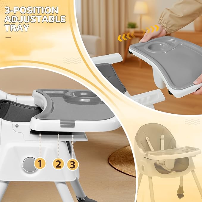 Ktaxon Baby High Chair, 6-in-1 Portable Feeding Rocking Seat with Adjustable Backrest, Removable Tray and 5-Point Safety Harness, Travel Folding Highchair for Toddlers & Babies, Grey