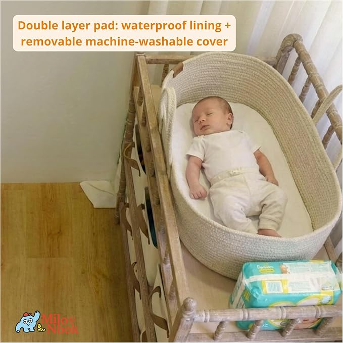 Milo & Nook Baby Changing Basket with Pad – Soft Cotton Moses Basket, Waterproof Liner & Soft Cover, Portable Changing Basket for Newborn Nursery, Machine-Washable Cover