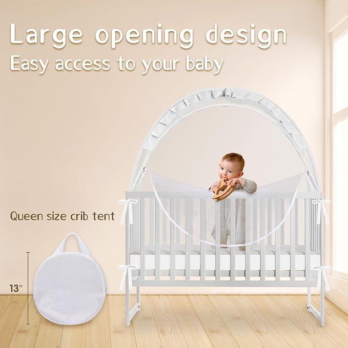 Crib Tent to Keep Baby from Climbing Out, Crib Net to Keep Baby in - Mesh Climbing Prevention, Pop Up Tent with Two-Way Self-Locking Metal Zipper (White, Large)