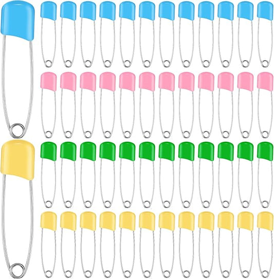 WILLBOND 100 Pcs Safety Pins 2.2 Inch Plastic Head Cloth Pins with Locking Closures Stainless Steel with Velvet Bag, Black, Four Colors