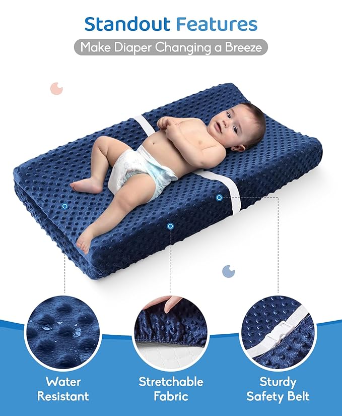 LOONAH Compact Small Changing Pad with Cover - 27" X 16" Contoured Baby Diaper Changing Pad for Combo Crib with Changing Table-Waterproof & Hypoallergenic, Safety Strap with Quick-Release Buckle-Blue