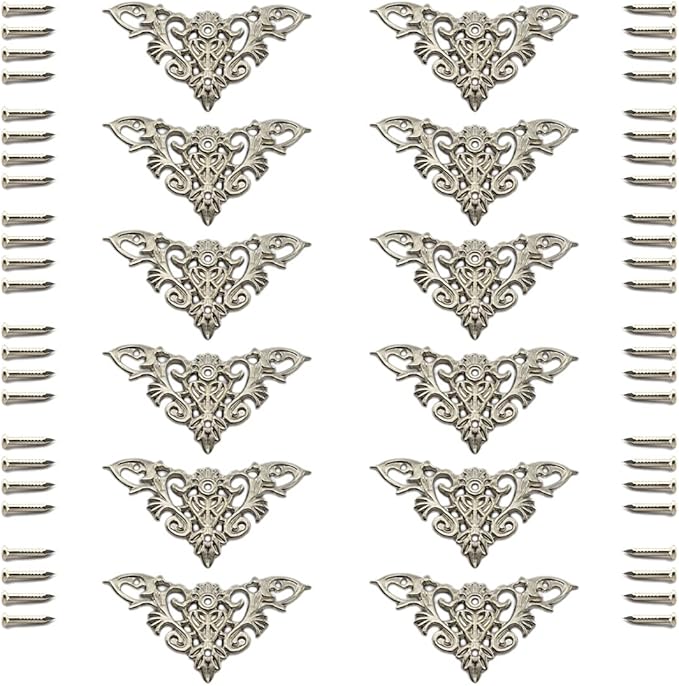 Furniture Decorative Edge Cover Antique Metal Carved Corner Protector for Jewelry Box, Album, Book, Cabinet, Desk etc. 12pcs Silver