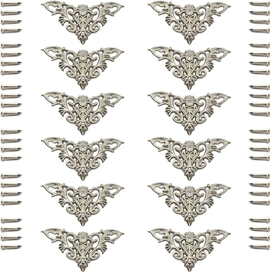 Furniture Decorative Edge Cover Antique Metal Carved Corner Protector for Jewelry Box, Album, Book, Cabinet, Desk etc. 12pcs Silver
