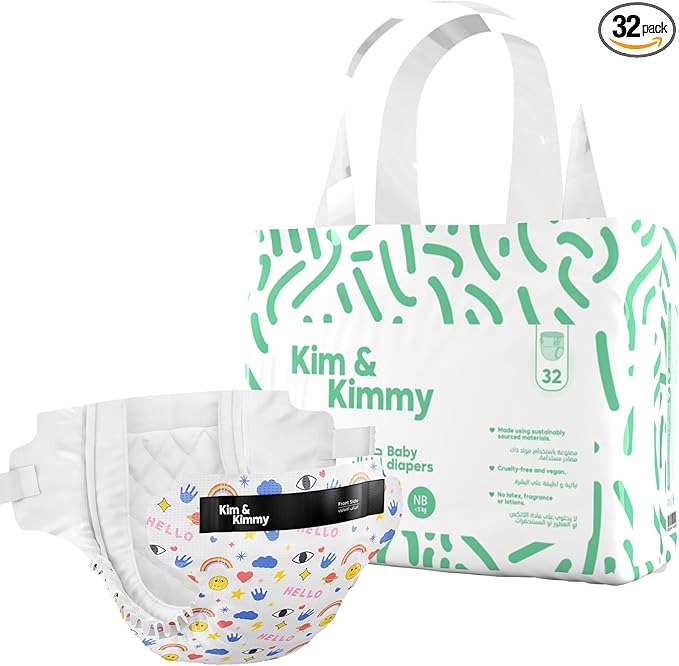 Kim & Kimmy Eco Diapers, New Born, Up to 11 lbs, 32 Diapers - 12 Hour Leak Protection, No Rashes, Hypoallergenic - Cruelty Free & Vegan - Funny Icons