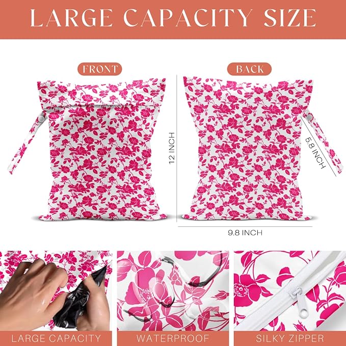 4 Pack Rose Floral Wet Bag Waterproof Washable Reusable Wet Dry Bag for Swimsuit Clothes Cloth Diaper Travel Beach Pool Yoga Gym Toiletries Gift for Women Sister Coworker Birthday Christmas