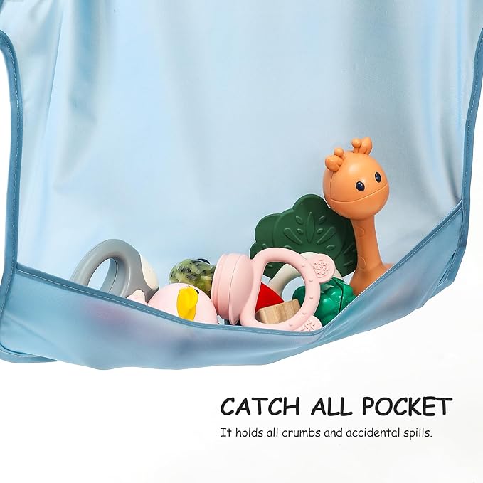 POIKSHARK 4 Pack Long Sleeve Bib, Reusable Bib with Catch-all Pocket
