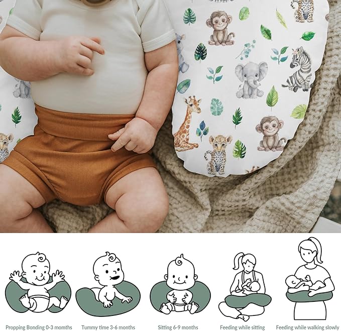 Tropical Safari Jungle Animals Green Leaves Baby Nursing Pillow Covers for Boy Girl Elephant Leopard Giraffe Hippo Nursery Pillowcase for Breastfeeding Pillows Soft Stretchy Slipcovers for Newborn