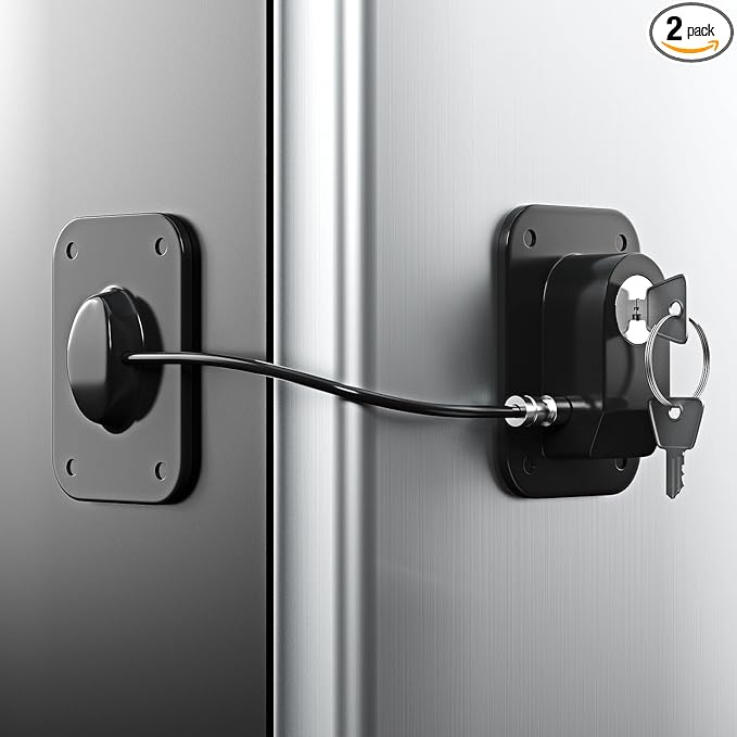 RORMGO Refrigerator Lock 2 Packs, Fridge Lock with Silicone Wire Protection Fridge Locks for Kids Easy to Use and Install Cabinet Locks with Key, Black