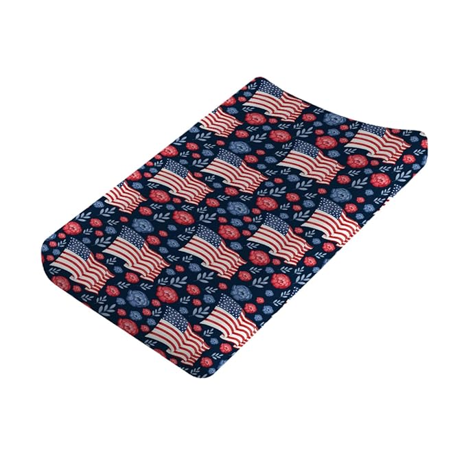 American Flag Blue Red Floral Diaper Changing Pad Covers for Boy Girl 32''x16'' Patriotic 4th of July Unisex Fitted Change Table Sheets Independence Day Soft Breathable Baby Changing Table Mats Navy
