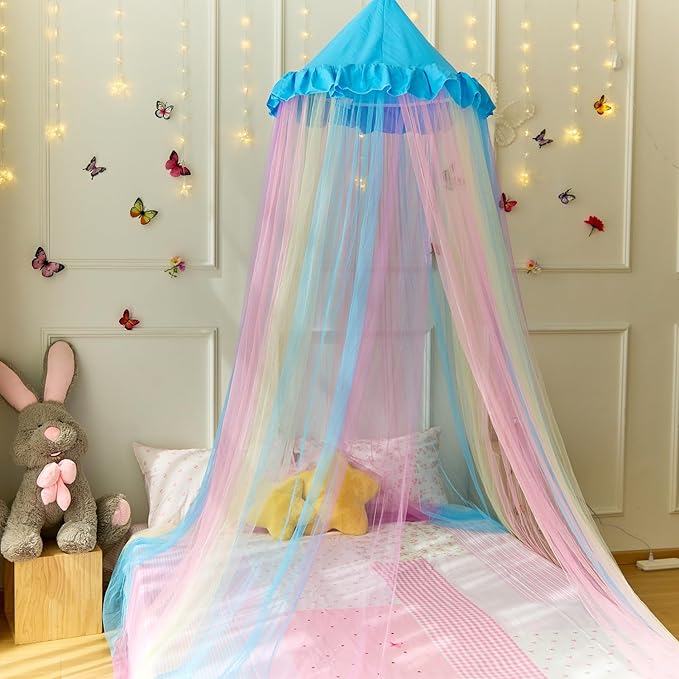 Blue Rainbow Bed Canopy Twin Size Breathable Canopy Bed Curtain for Bed,Princess Play Tent for Girls Bedroom Decoration Reading Nook