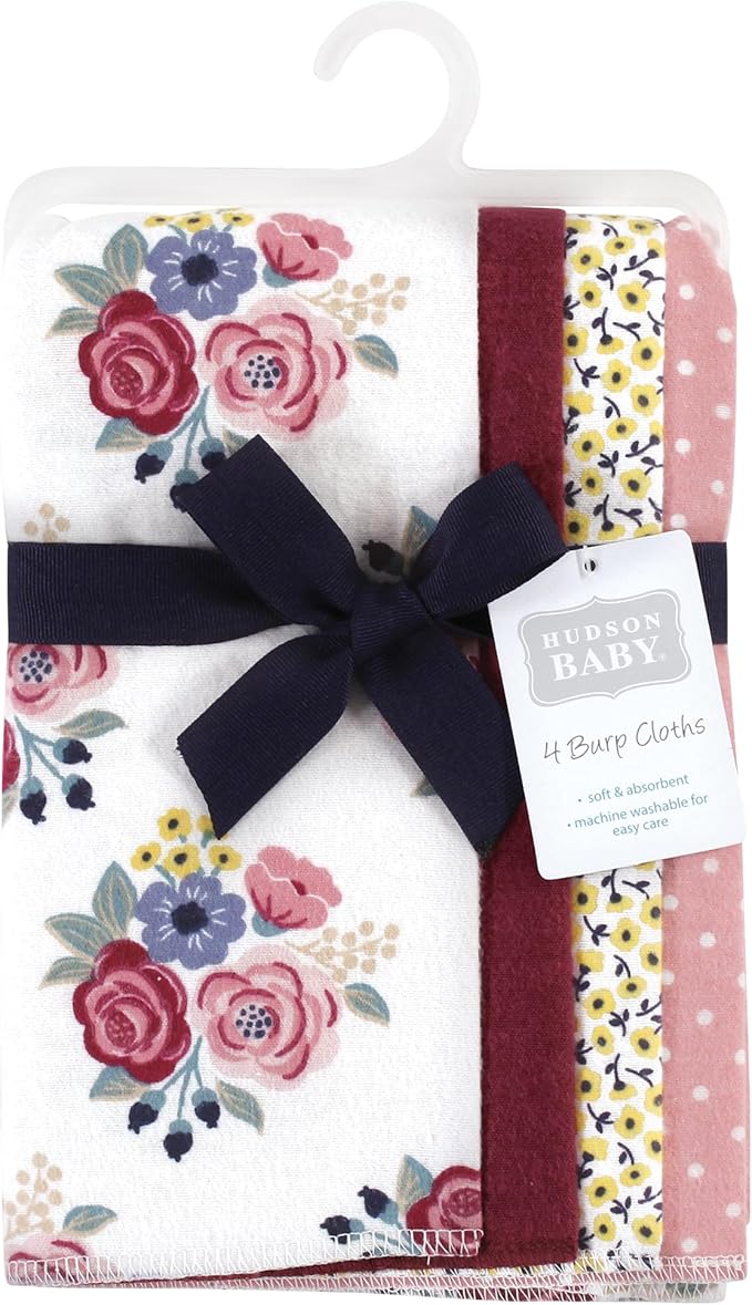 Hudson Baby Cotton Poly Flannel Burp Cloths Multipack, Blush Navy Floral 8-Pack, One Size