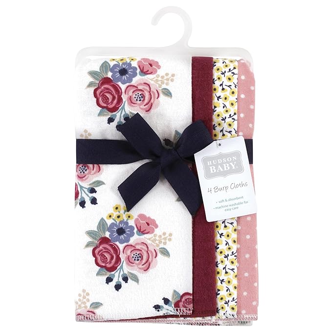 Hudson Baby Unisex Baby Cotton Flannel Burp Cloths, Blush Navy Floral 4-Pack, One Size