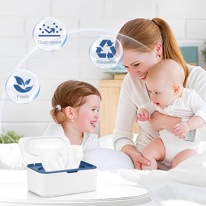 2Pcs Wipe Dispenser, Reusable Baby Wipe Holder Refillable Wipes Container, Easy Open & Close Wipes Pouch Case with Lid for Bathroom Baby Nursery Kitchen Office Travel (Blue/Orange)