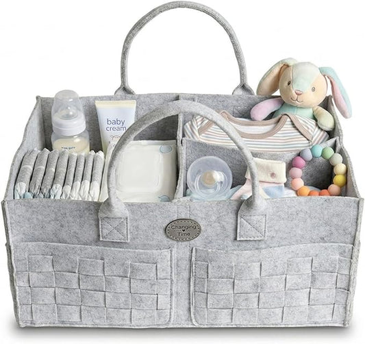 Baby Diaper Caddy Organizer for Nursery – Large Felt Storage Basket for Baby Essentials, Wipes & Diapers – Portable Nursery Organizer Bin for Changing Table or Living Room Light Grey
