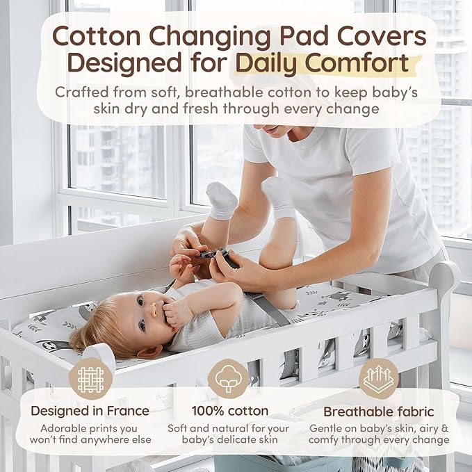 Baby Changing Pad Covers Table Sheet 32" x 16", 8" Deep Pocket - Diaper Changing Pad Cover, 100% Cotton Chevron & Sloth Baby Sheets for Girl & Boy, 2 Pack, Designed in France, White-Grey