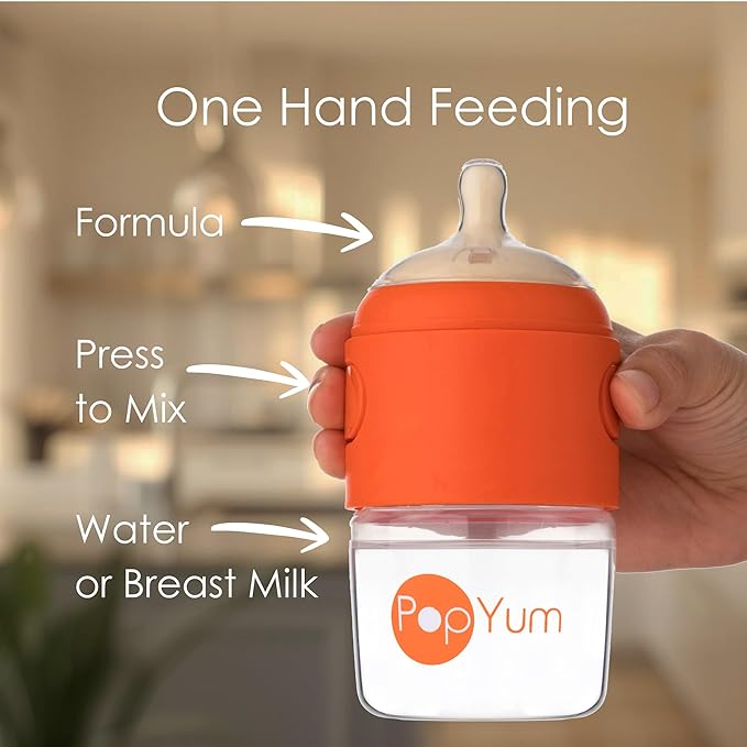 PopYum 5 oz Orange Anti-Colic Formula Making/Mixing/Dispenser Baby Bottle with #1 Slow Flow Nipple, 150 ml, BPA-Free, Natural Latch