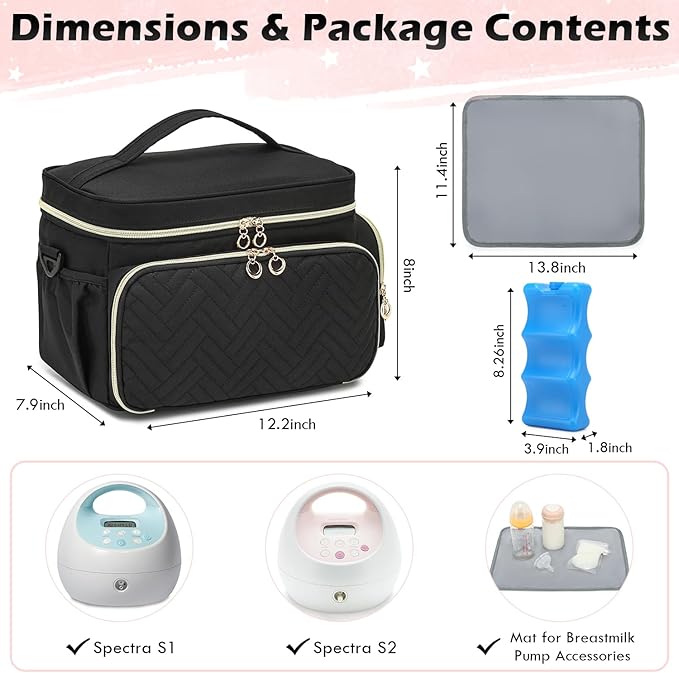 Breast Pump Bag Fit for Spectra S1 and S2 - Pumping Bag with Ice Pack & Waterproof Mat, Portable Breast Pump Storage Bag for Work, Travel and Family Use, Black