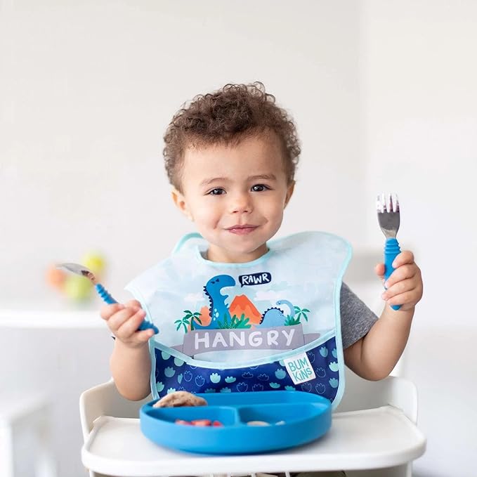 Bumkins Bibs for Girl or Boy, SuperBib Baby and Toddler for 6-24 Months, Essential Must Have for Eating, Feeding, Baby Led Weaning Supplies, Mess Saving, 3-pk Hangry, Dinosaurs, and Blue Tropic