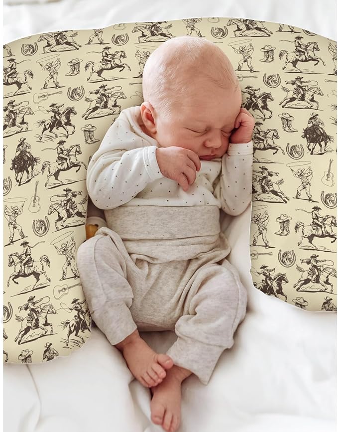 Vintage Cowboy Baby Nursing Pillow Covers for Boy Girl Western Horses Boots Hats Nursing Pillow Slipcovers for Breastfeeding Pillows Country Western Soft Stretchy Removable Covers for Newborn Infant