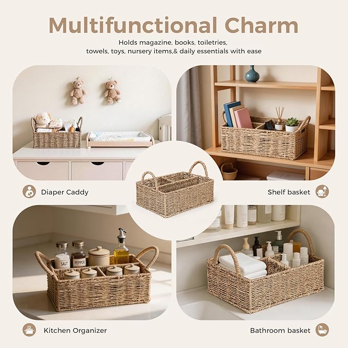 Diaper Caddy Organizer, Hand Rattan Nursery Baby Basket Changing Table Organizer for Baby Essentials, Baby Shower Gifts, Versatile Shelf Basket Bathroom/Kitchen Organizer (Natural, L)