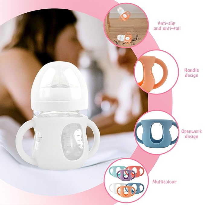 6Pcs Baby Bottle Handles, Drop Resistant Glass Baby Bottle Sleeves, Anti Slip and Heat Resistant Baby Bottles Silicone Sleeves for Avent 120ml