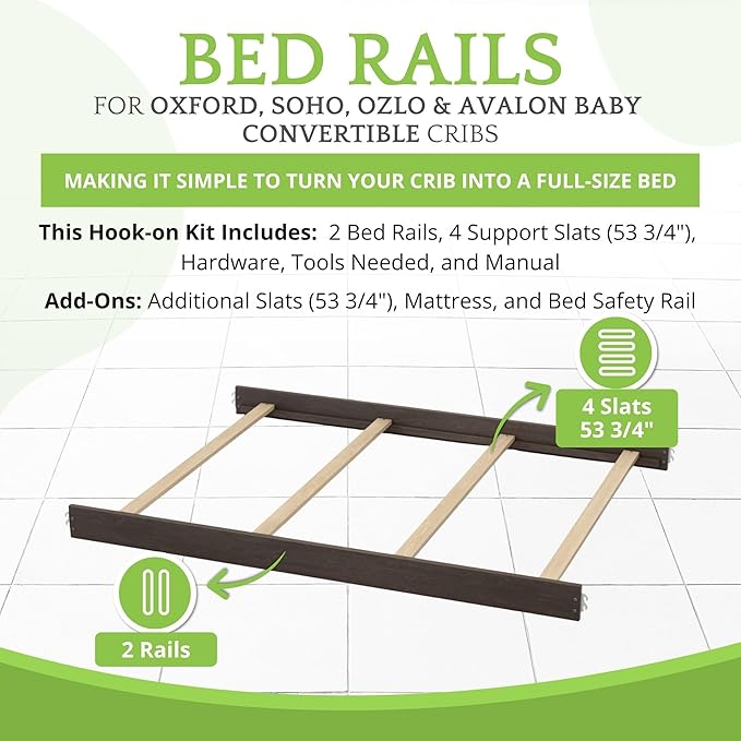 Full-Size Conversion Kit Bed Rails for Oxford, Soho, Ozlo & Avalon Baby Convertible Cribs - Solid Wood - Toddler and Adult Rail for Full-Size Bed - Nursery and Baby Furniture (Slate, Hook-On Kit)