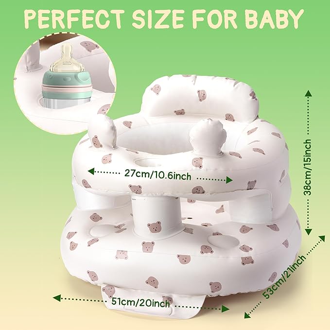Inflatable Baby Seat for Babies 3-36 Months, Aloxina Sit Me Up Floor Chair with Built-in Air Pump, Squeaky Ears & Full Surround Design, Infant Support Seat for Sitting & Feeding (Bear)
