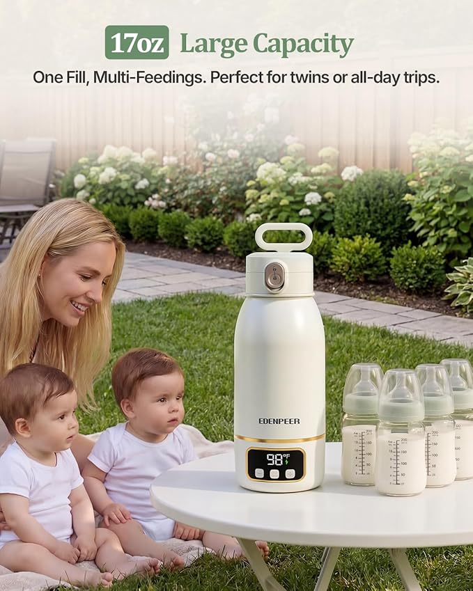 Portable Bottle Warmer for Travel, Fast Baby Bottle Warmer Portable with Precise Temperature Control, 17 OZ Milk Warmer, Leak-Proof Cordless Breastmilk Warmer, Fits Most Baby Bottles for On the Go