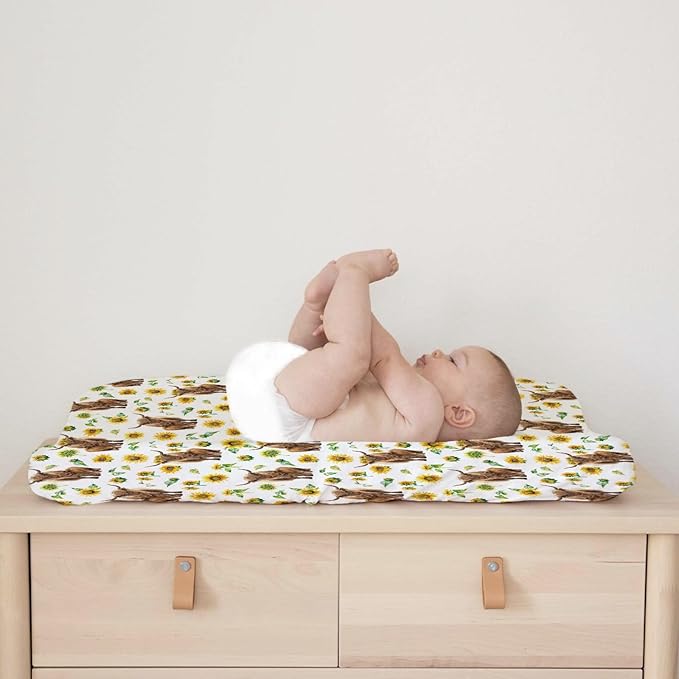 Highland Cow Sunflowers Leaves Baby Changing Pad Cover for Boy Girl 32''x16'' Highland Yak Boho Floral Fitted Diaper Change Table Sheets Farm Animal Comfort Soft Breathable Nursery Changing Table Mat