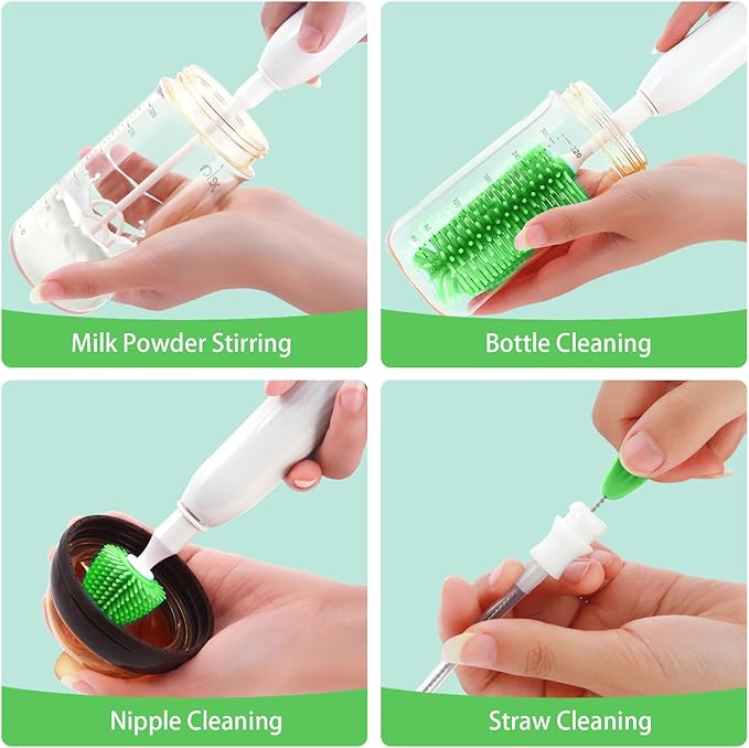 Electric Baby Bottle Brush, Rechargable Electric Bottle Brush Cleaner for Travel, Portable Baby Bottle Cleaner Brush Set with Silicone Bottle Brush, Nipple Brush, Straw Brush(Vintage Green)