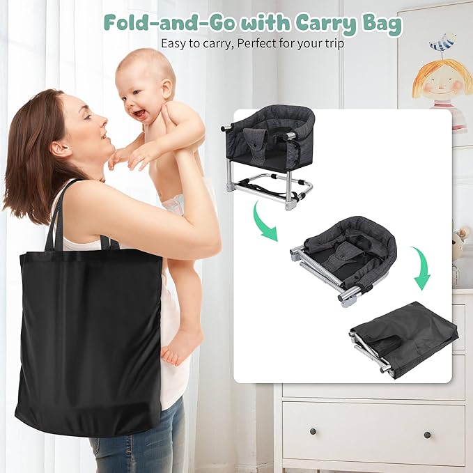 Booster Seat for Dining Table, 3-in-1 Portable Toddler Booster Chair with Safety Buckle, Height Adjustable & Foldable Baby Feeding Seat, Travel High Chair with Washable Cover & Storage Pocket - Black